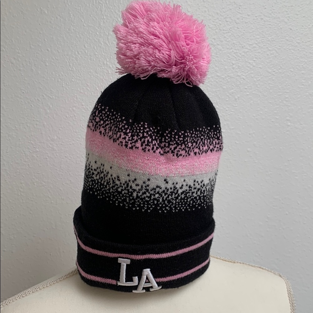 LA Kids Pom-Pom Beanie - Black and Pink -stretch material